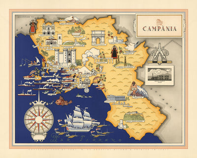 Mapa antiguo de Campania de De Agostini, 1938: Pompeya, Herculano, costa de Amalfi, Vesubio, Cilento y Parque Nacional Vallo di Diano