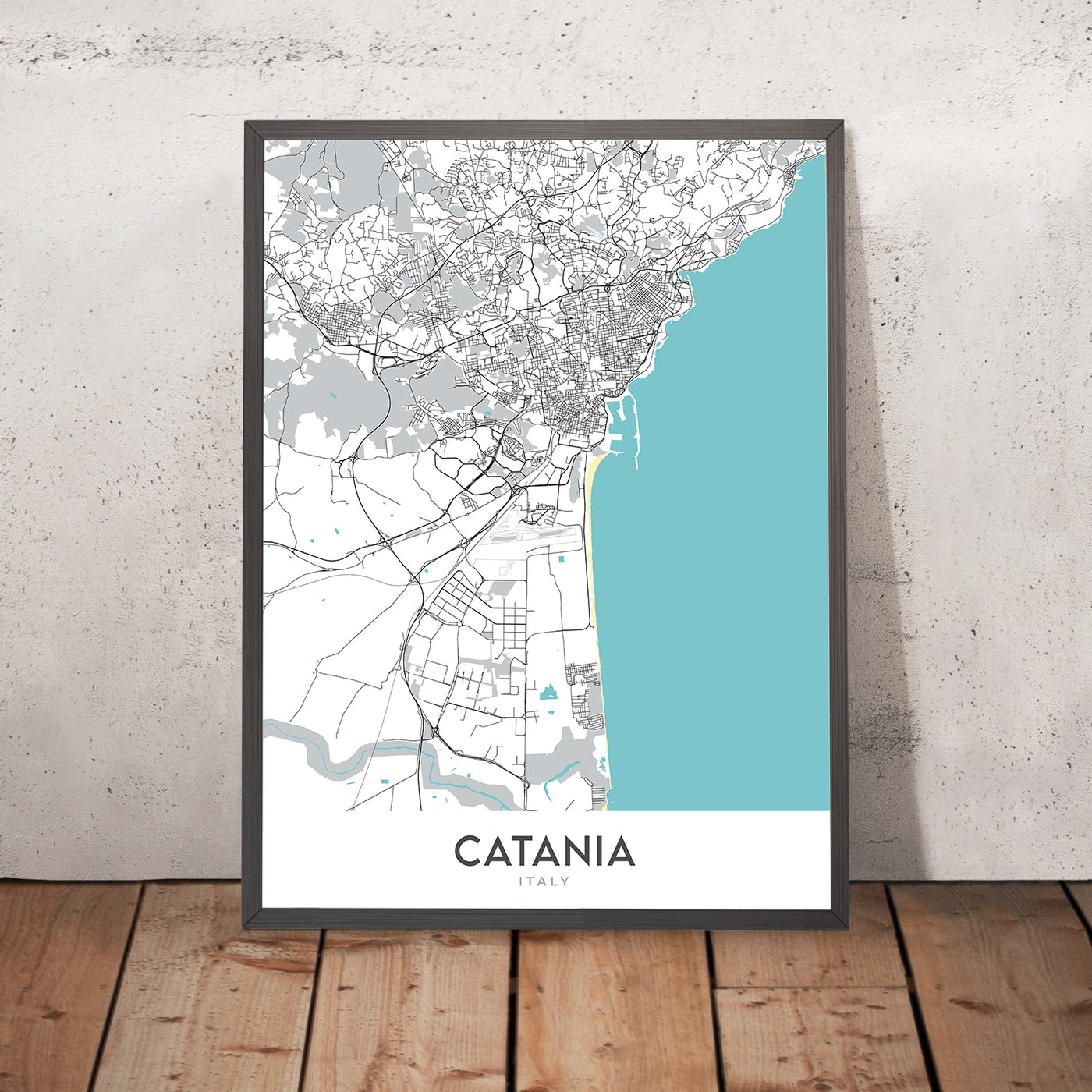 Plan de la ville moderne de Catane, Italie : cathédrale, Biscari, fontaine des éléphants, théâtre Bellini, château d'Ursino