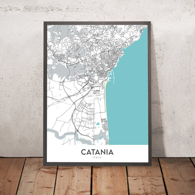 Mapa moderno de la ciudad de Catania, Italia: Catedral, Biscari, Fuente del Elefante, Teatro Bellini, Castillo Ursino
