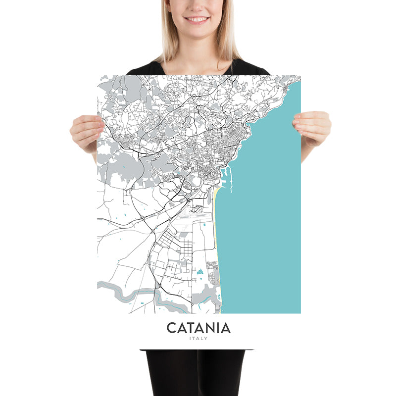 Plan de la ville moderne de Catane, Italie : cathédrale, Biscari, fontaine des éléphants, théâtre Bellini, château d'Ursino