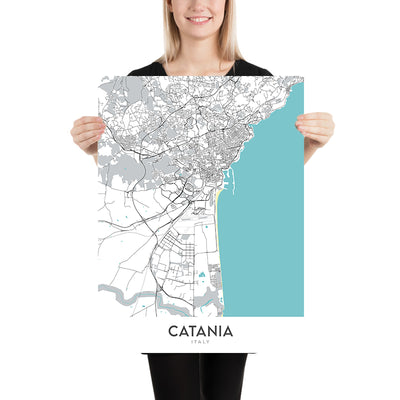 Modern City Map of Catania, Italy: Cathedral, Biscari, Elephant Fountain, Bellini Theatre, Ursino Castle