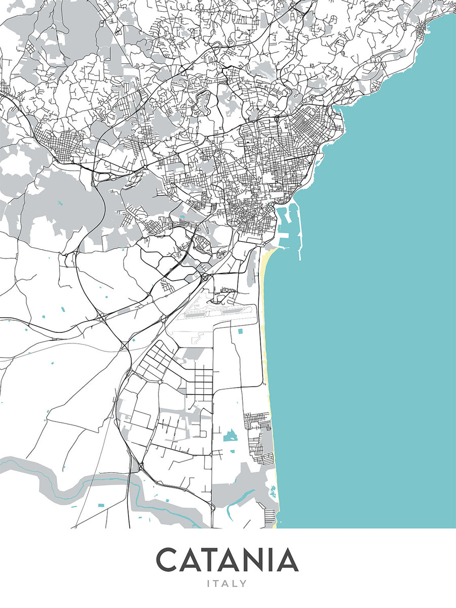 Moderne Stadtkarte von Catania, Italien: Kathedrale, Biscari, Elefantenbrunnen, Bellini-Theater, Ursinoburg 