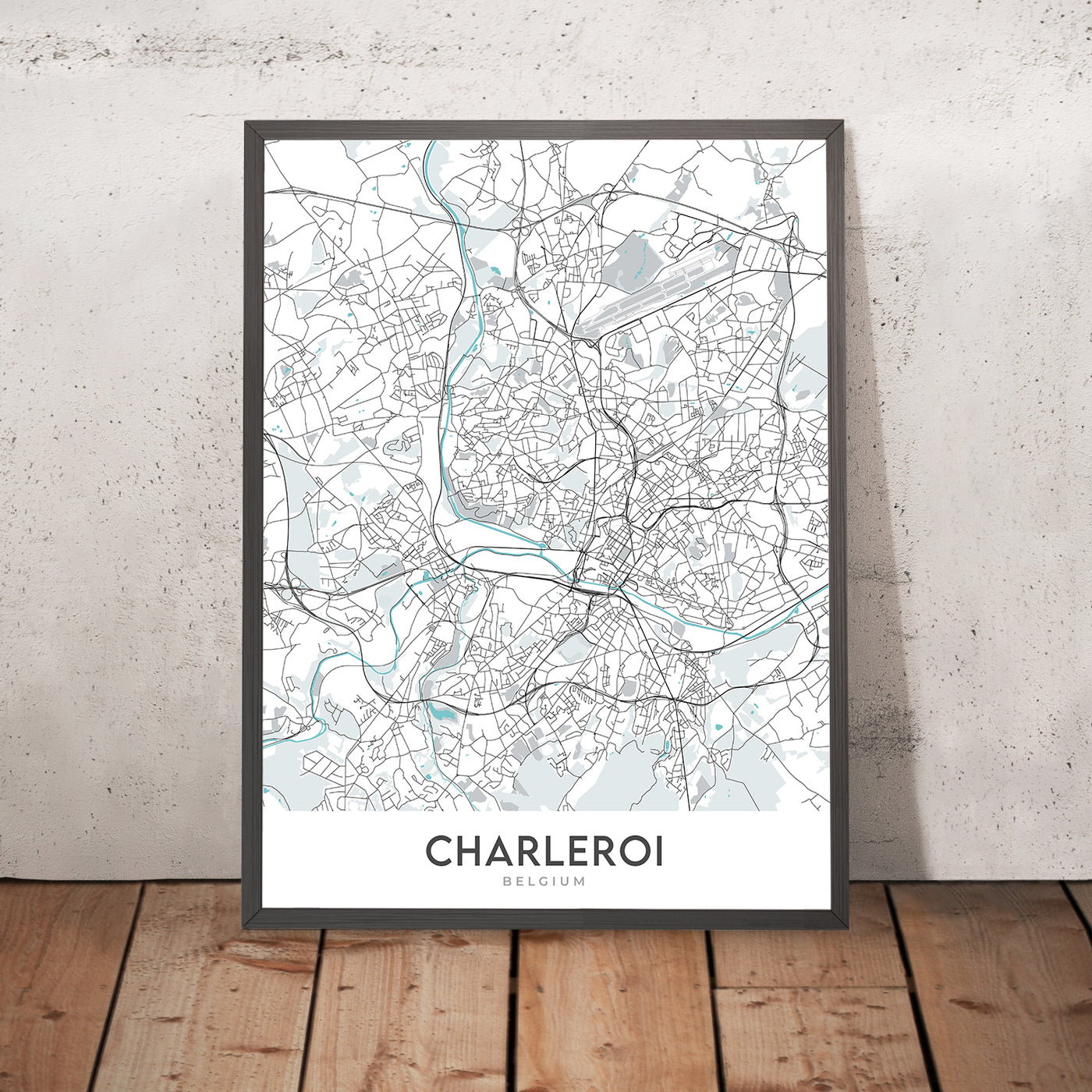 Mapa moderno de la ciudad de Charleroi, Bélgica: centro de la ciudad, aeropuerto, estadio, universidad, museo