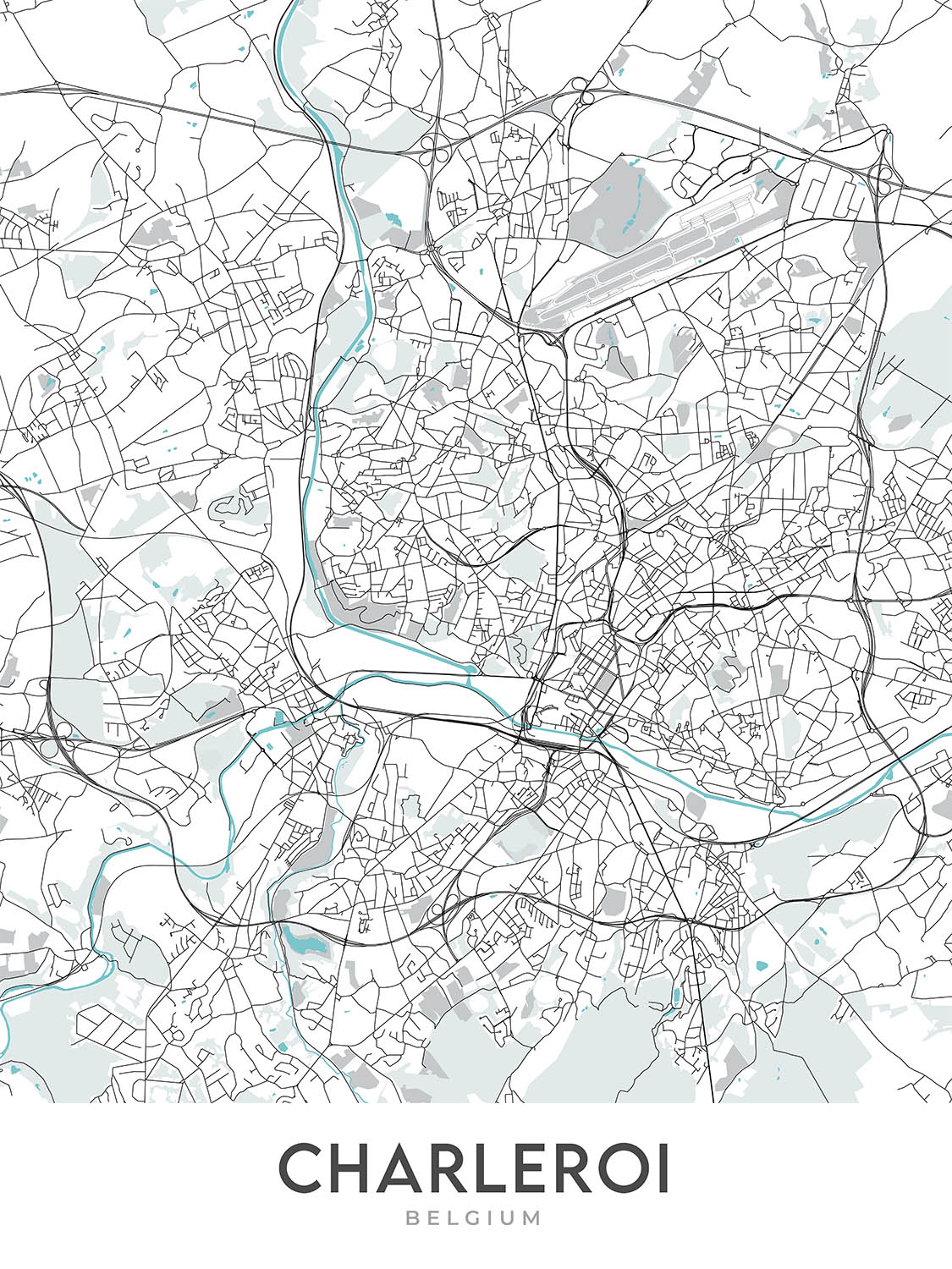 Mapa moderno de la ciudad de Charleroi, Bélgica: centro de la ciudad, aeropuerto, estadio, universidad, museo