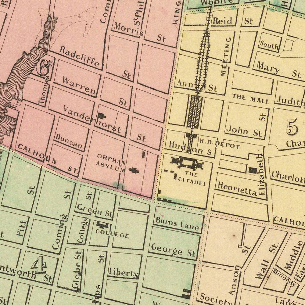 Mapa antiguo de Charleston de Colton, 1855: hipódromo de Washington, arsenal, batería, muelles, estanques