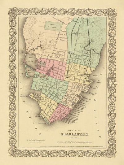 Ancienne carte de Charleston par Colton, 1855 : hippodrome de Washington, arsenal, batterie, quais, étangs