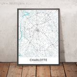 Moderne Stadtkarte von Charlotte, NC: NoDa, South End, Universität von N. Carolina, I-485, I-77 