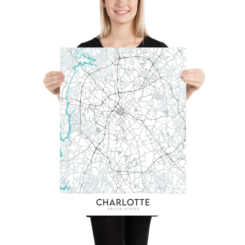 Plan de la ville moderne de Charlotte, Caroline du Nord : NoDa, South End, Univ. de Caroline du Nord, I-485, I-77