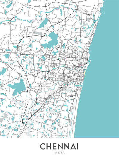 Mapa moderno de la ciudad de Chennai, India: Marina Beach, Fort St. George, T. Nagar, Anna Salai, Mylapore