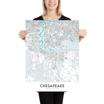 Mapa moderno de la ciudad de Chesapeake, VA: Bahía de Chesapeake, Norfolk, Virginia Beach, Great Dismal Swamp, I-64