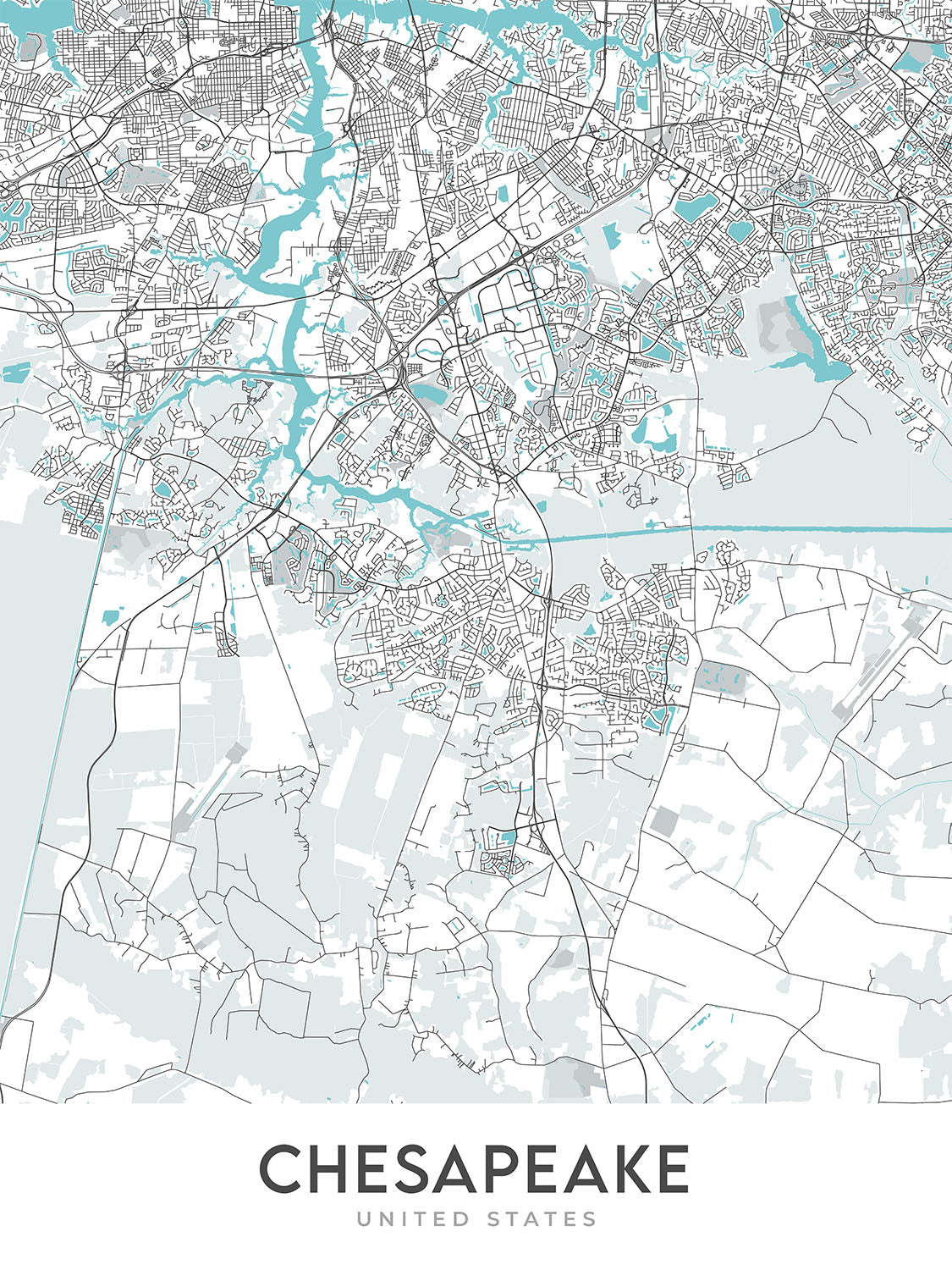 Plan de la ville moderne de Chesapeake, Virginie : baie de Chesapeake, Norfolk, Virginia Beach, Great Dismal Swamp, I-64