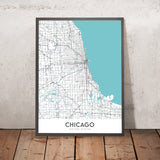Moderne Stadtkarte von Chicago, IL: Wrigley Field, Willis Tower, Lake Michigan, The Loop, Magnificent Mile 
