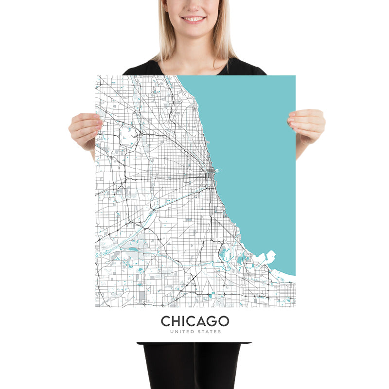 Plan de la ville moderne de Chicago, Illinois : Wrigley Field, Willis Tower, le lac Michigan, The Loop, Magnificent Mile