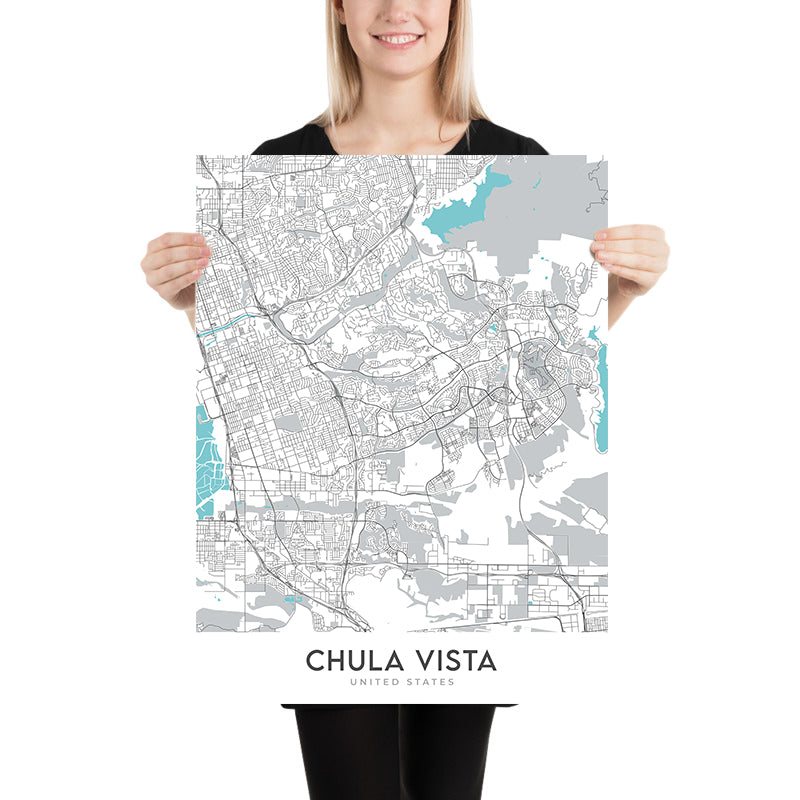 Plan de la ville moderne de Chula Vista, Californie : Castle Park, Eastlake, Interstate 5, Interstate 805, baie de San Diego