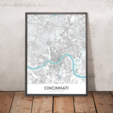 Mapa moderno de la ciudad de Cincinnati, OH: Over-the-Rhine, Great American Ball Park, Museum Center, I-71, I-75 