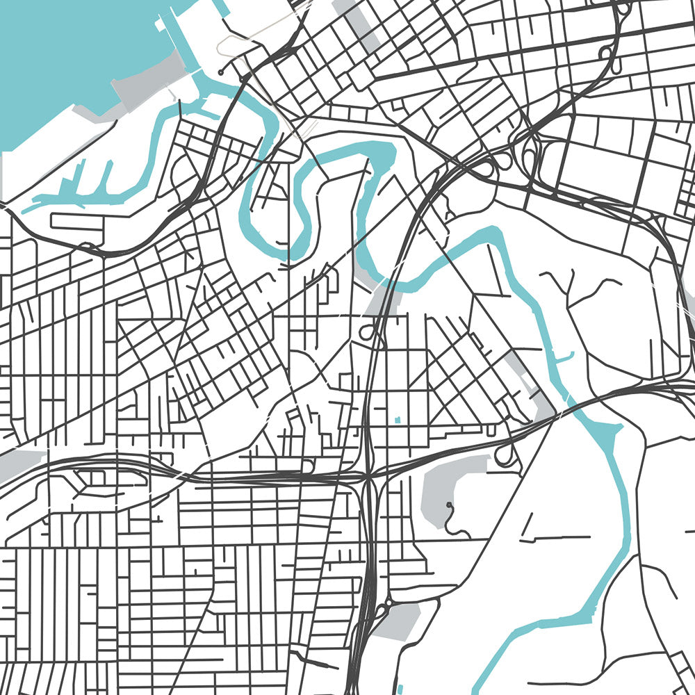 Mapa moderno de la ciudad de Cleveland, OH: ciudad de Ohio, Tremont, University Circle, Salón de la Fama del Rock and Roll, I-90