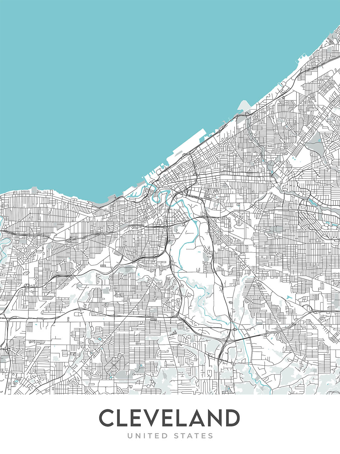 Mapa moderno de la ciudad de Cleveland, OH: ciudad de Ohio, Tremont, University Circle, Salón de la Fama del Rock and Roll, I-90