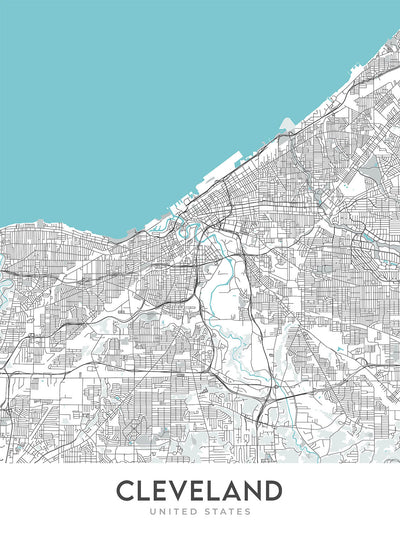 Moderner Stadtplan von Cleveland, OH: Ohio City, Tremont, University Circle, Rock and Roll Hall of Fame, I-90