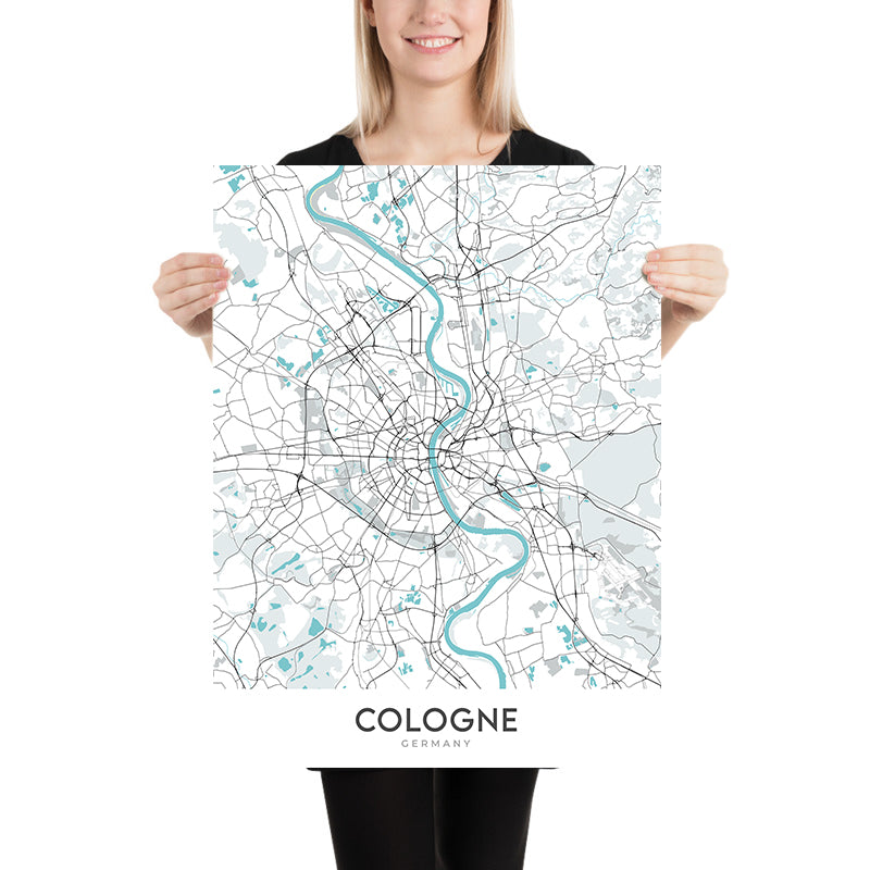 Plan de la ville moderne de Cologne, Allemagne : cathédrale, triangle, opéra, musée, zoo