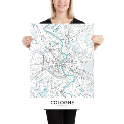 Mapa moderno de la ciudad de Colonia, Alemania: catedral, triángulo, ópera, museo, zoológico