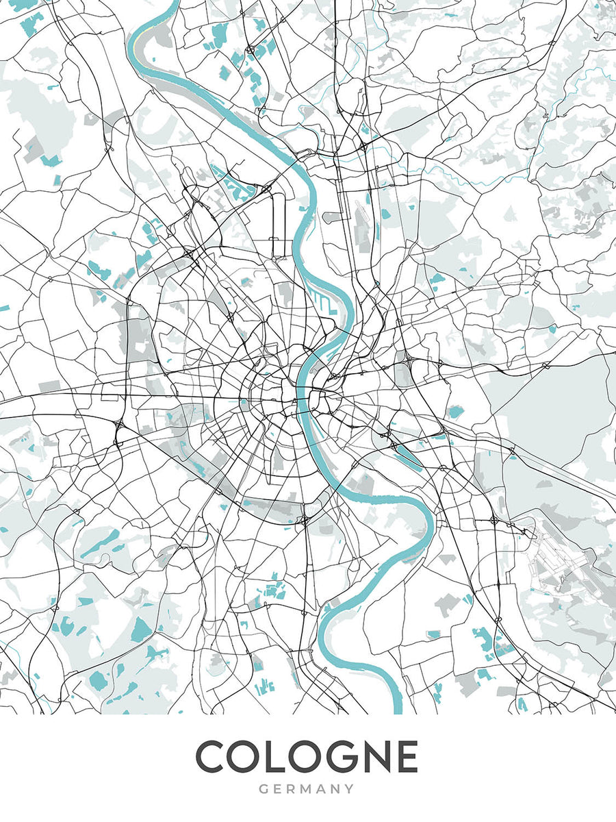 Modern City Map of Cologne, Germany: Cathedral, Triangle, Opera, Museum, Zoo