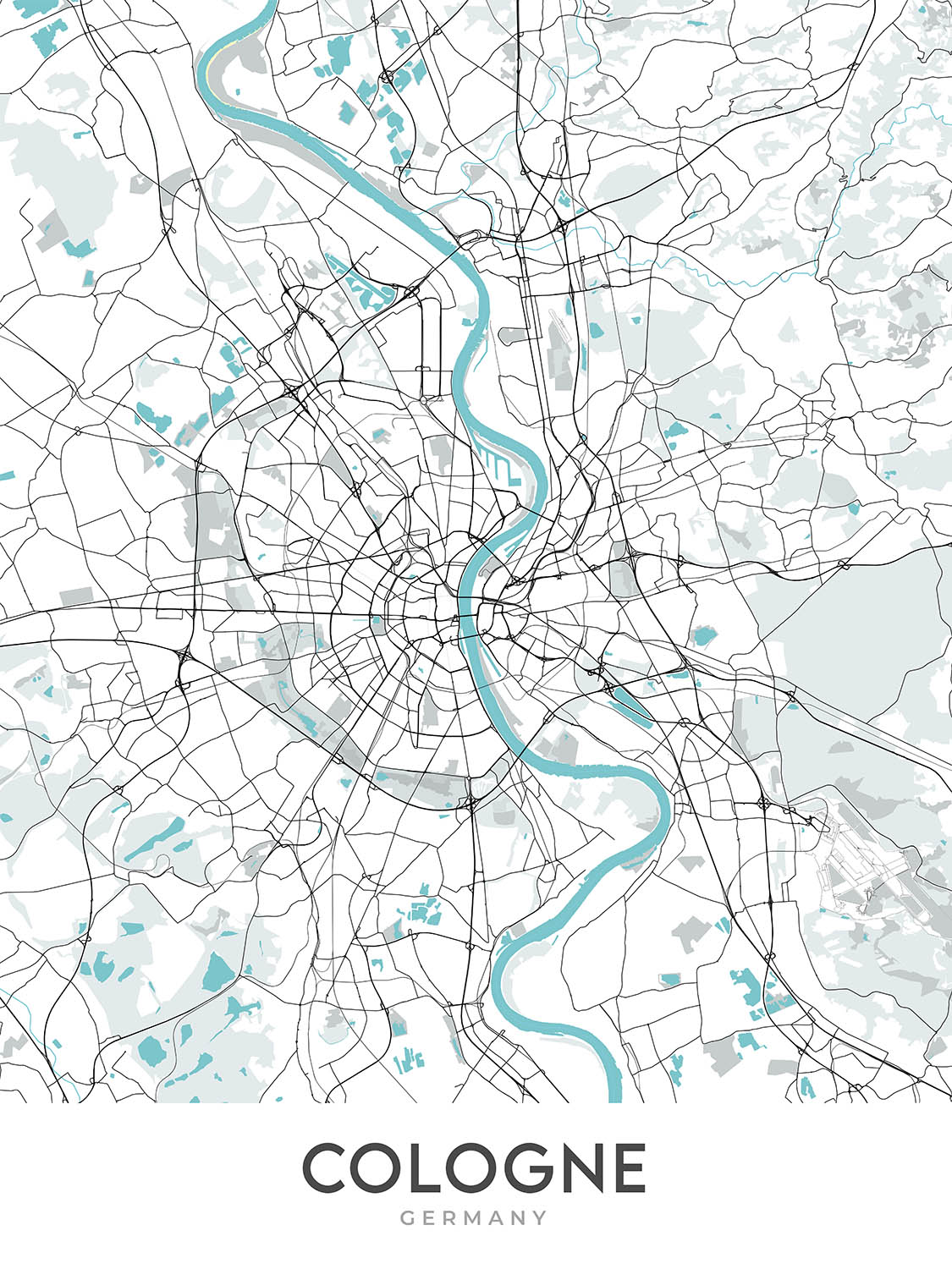 Plan de la ville moderne de Cologne, Allemagne : cathédrale, triangle, opéra, musée, zoo