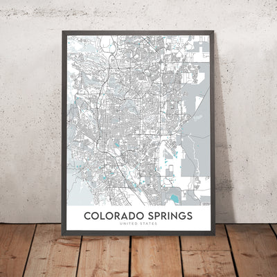 Mapa de la ciudad moderna de Colorado Springs, CO: Jardín de los Dioses, Pikes Peak, Manitou Springs, I-25, US-24