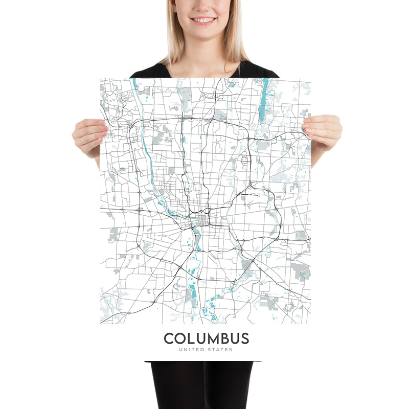 Plan de la ville moderne de Columbus, OH : village victorien, village allemand, Ohio State University, I-70, I-71