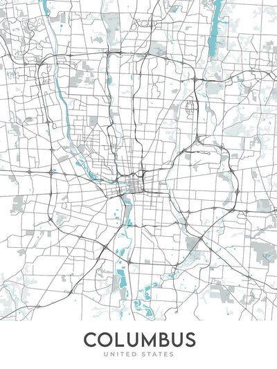 Mapa moderno de la ciudad de Columbus, OH: Victorian Village, German Village, Ohio State University, I-70, I-71