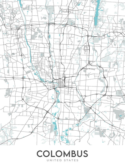 Plan de la ville moderne de Columbus, OH : village victorien, village allemand, Ohio State University, I-70, I-71
