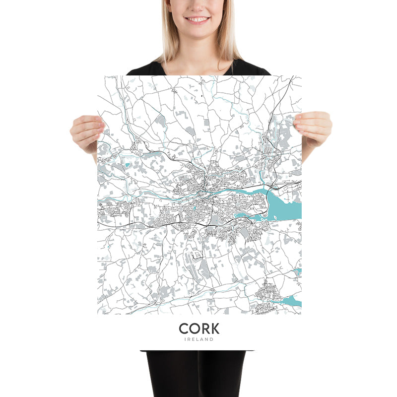 Plan de la ville moderne de Cork, Irlande : château de Blarney, hôtel de ville de Cork, parc Fitzgerald, N20, N22