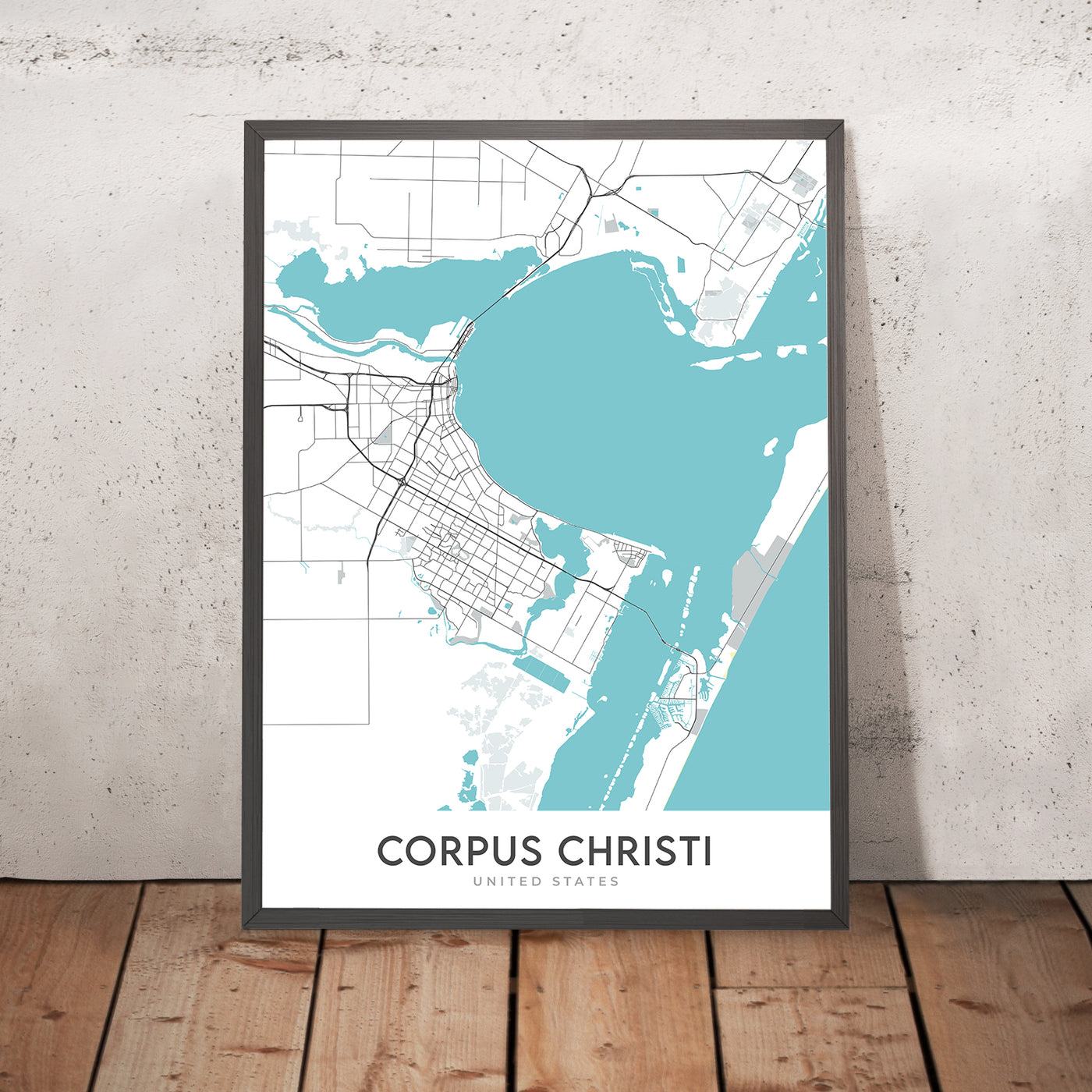Moderner Stadtplan von Corpus Christi, TX: Innenstadt, USS Lexington, Selena Museum, Padre Island, Mustang Island