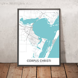 Plan de la ville moderne de Corpus Christi, Texas : centre-ville, USS Lexington, musée Selena, île Padre, île Mustang