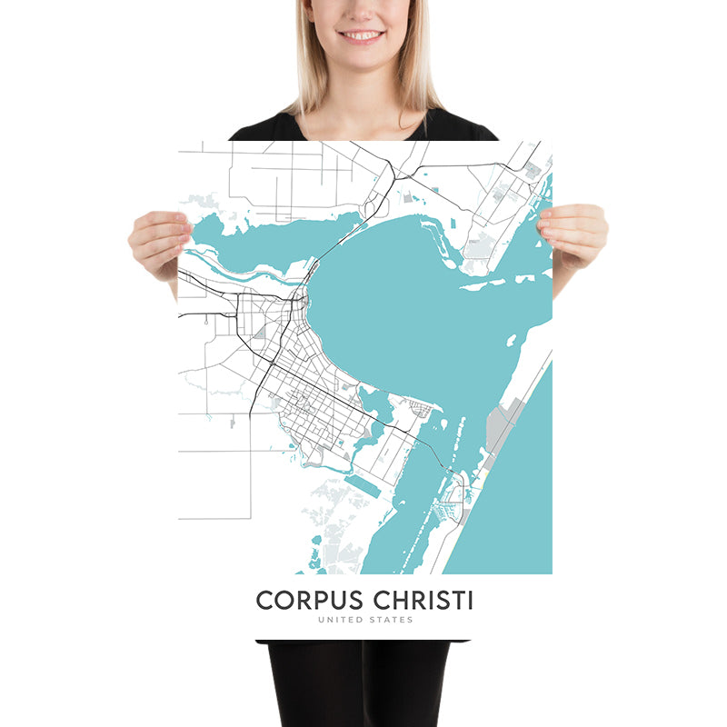 Plan de la ville moderne de Corpus Christi, Texas : centre-ville, USS Lexington, musée Selena, île Padre, île Mustang