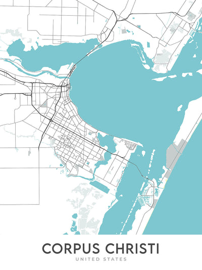 Plan de la ville moderne de Corpus Christi, Texas : centre-ville, USS Lexington, musée Selena, île Padre, île Mustang