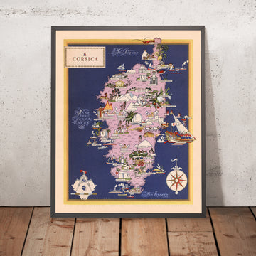 Alte bildliche Karte von Korsika, 1938: Bastia, Ajaccio, Calvi, Corte, Porto-Vecchio 