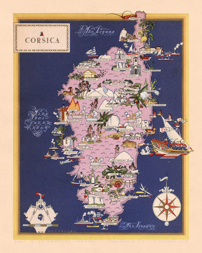Mapa antiguo de la región italiana de Córcega, 1938: Bastia, Ajaccio, Calvi, Corte, Porto-Vecchio