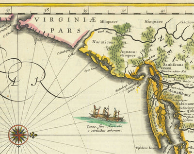 Ancienne carte des Nouveaux Pays-Bas et de la Nouvelle Angleterre en 1640 par Willem Blaeu - Manhattan, Providence, New York, Boston, New Jersey