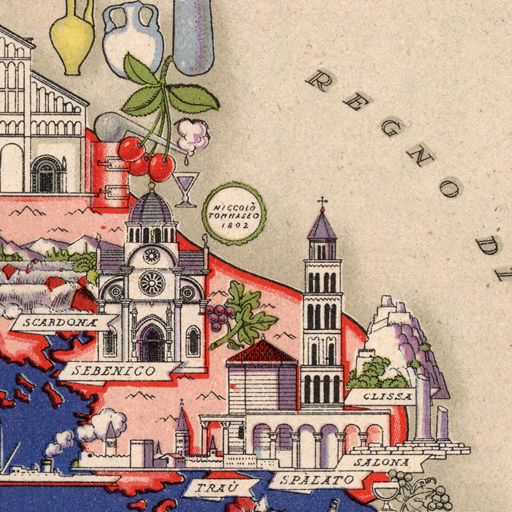 Mapa antiguo de Dalmazia de De Agostini, 1938: Split, Zara, Sebenico, Ragusa, Cattaro