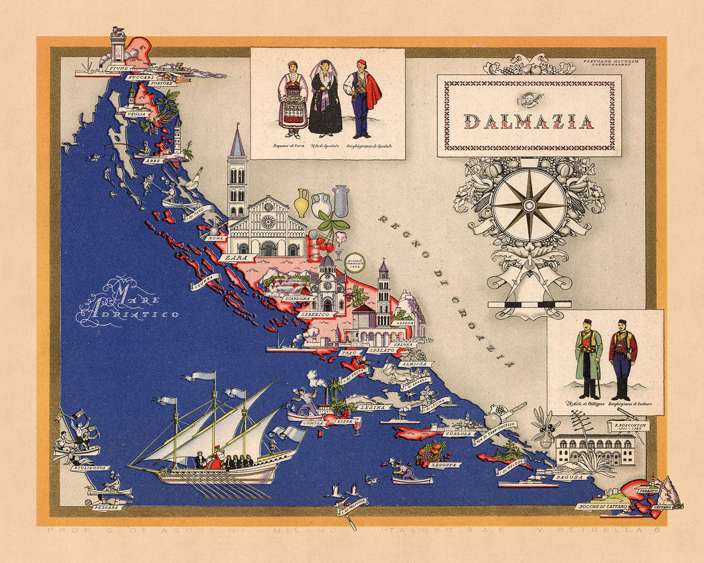 Mapa antiguo de Dalmazia de De Agostini, 1938: Split, Zara, Sebenico, Ragusa, Cattaro