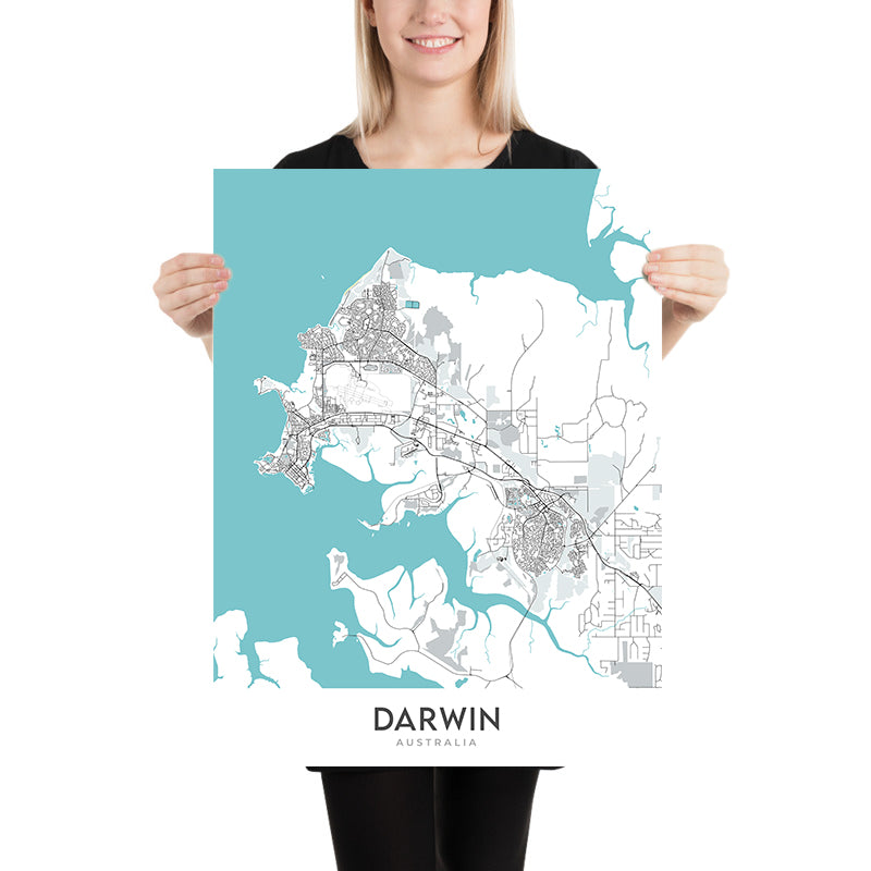 Moderner Stadtplan von Darwin, NT: Darwin City, Stuart Hwy, Mindil Beach, Darwin Waterfront, Darwin Botanic Gardens
