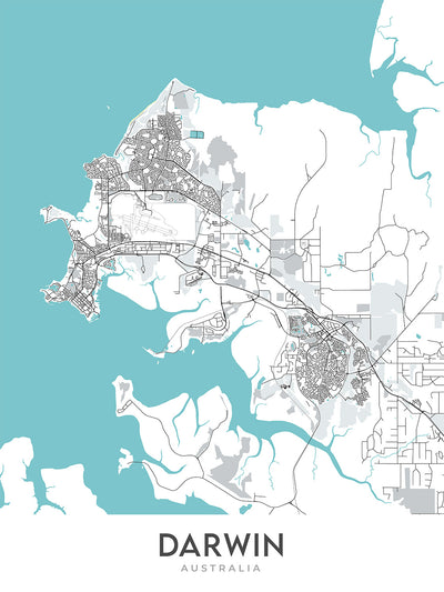 Plan de la ville moderne de Darwin, NT : ville de Darwin, autoroute Stuart, plage de Mindil, front de mer de Darwin, jardins botaniques de Darwin