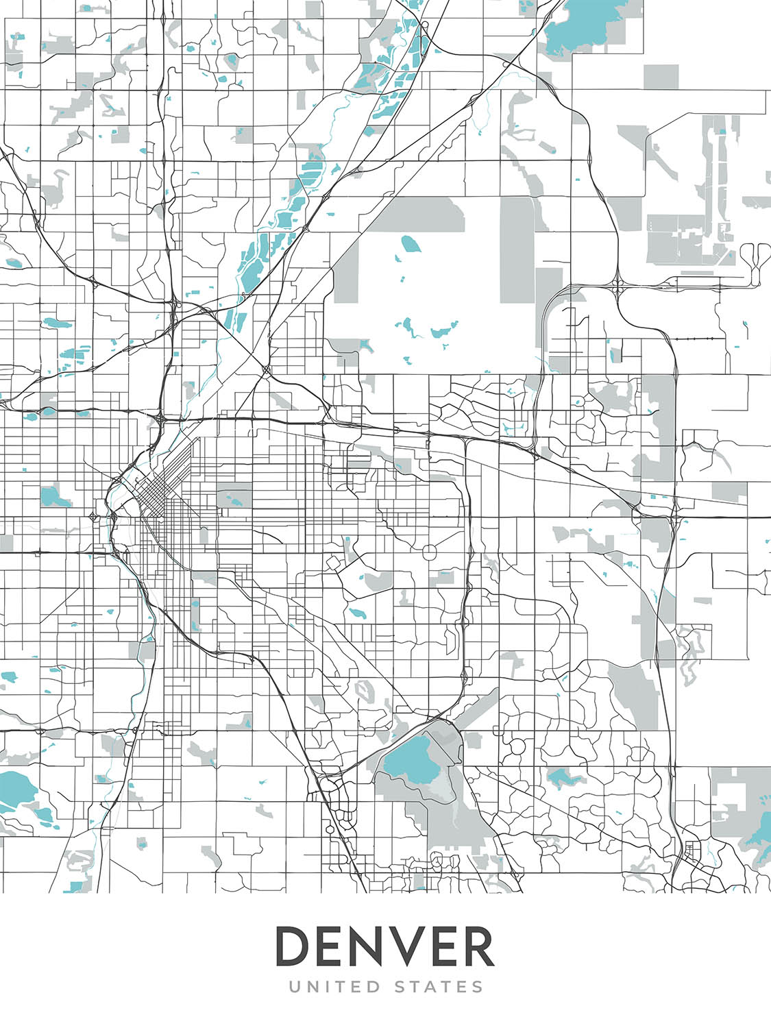 Moderner Stadtplan von Denver, CO: Red Rocks, City Park, Larimer Sq, Highlands, Capitol Hill