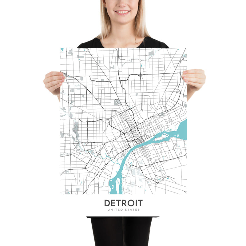Moderner Stadtplan von Detroit, MI: Innenstadt, Belle Isle, Corktown, Motown Museum, Woodward Ave