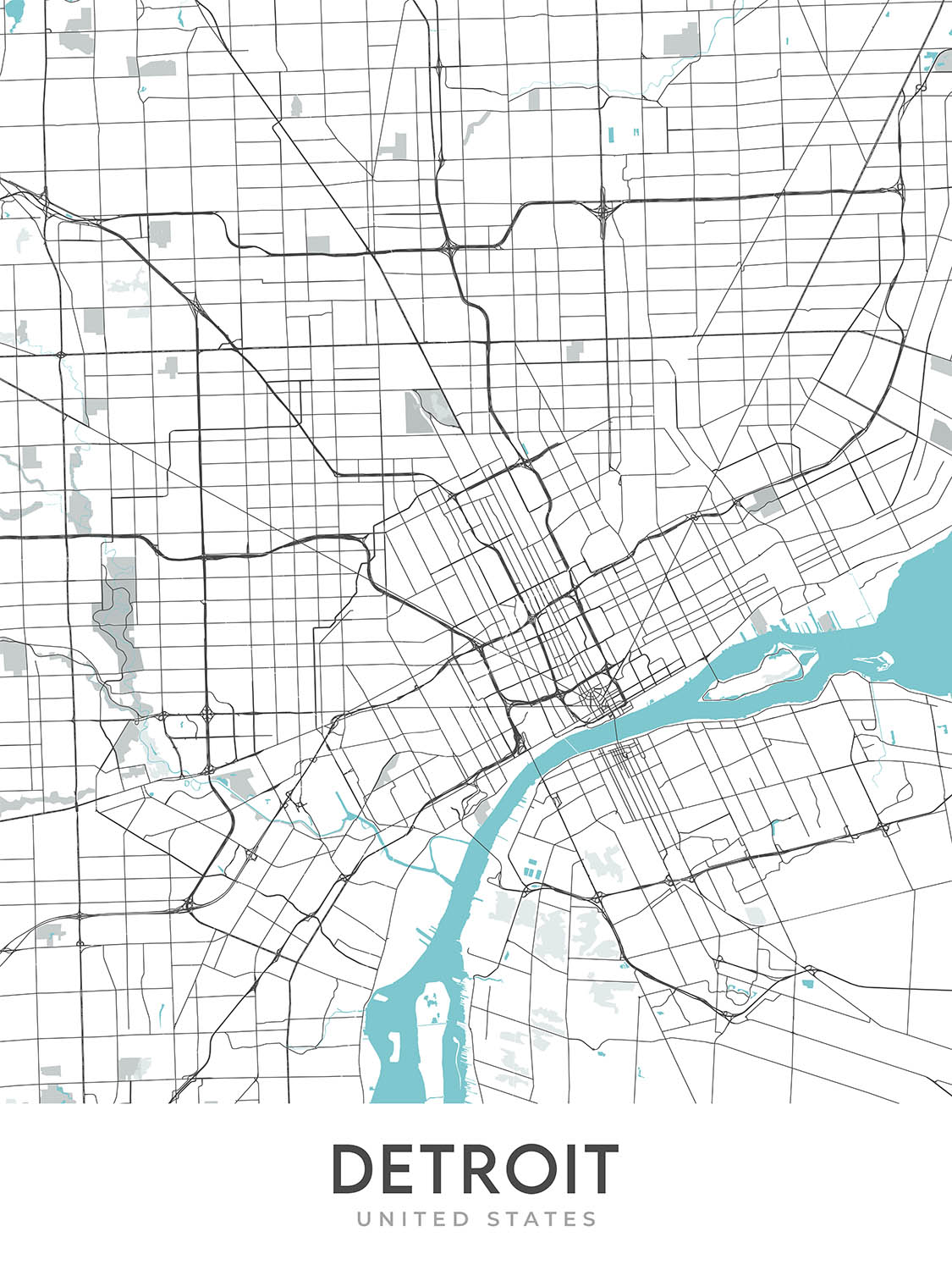Detroit Map Blue Modern City Map of Detroit, MI: Downtown, Belle Isle, Corktown, Motown ...