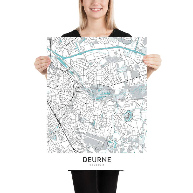 Modern City Map of Deurne, Belgium: Town Hall, Rivierenhof Park, Luchtbal Sports Complex, A12, N13
