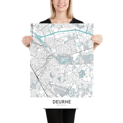 Moderner Stadtplan von Deurne, Belgien: Rathaus, Rivierenhof-Park, Sportkomplex Luchtbal, A12, N13