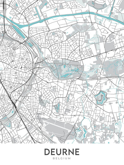 Modern City Map of Deurne, Belgium: Town Hall, Rivierenhof Park, Luchtbal Sports Complex, A12, N13