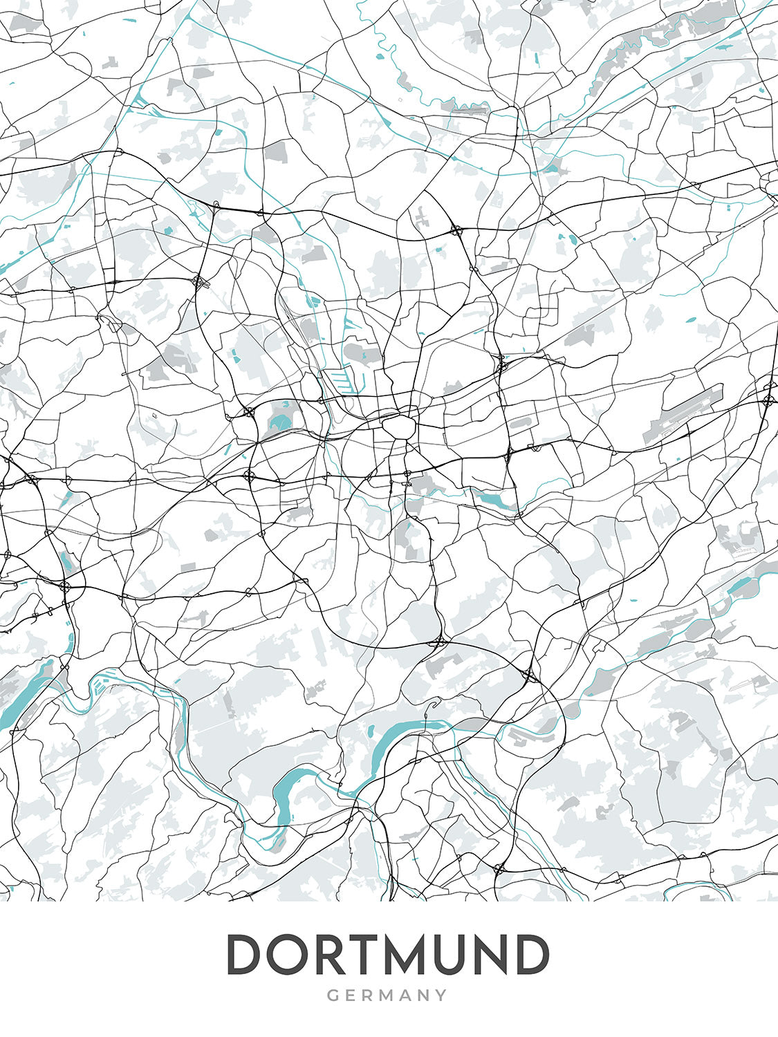 Mapa moderno de la ciudad de Dortmund, Alemania: Westfalenstadion, Signal Iduna Park, Dortmunder U, Zeche Zollern, Kokerei Hansa