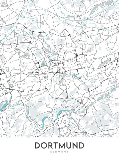 Mapa moderno de la ciudad de Dortmund, Alemania: Westfalenstadion, Signal Iduna Park, Dortmunder U, Zeche Zollern, Kokerei Hansa